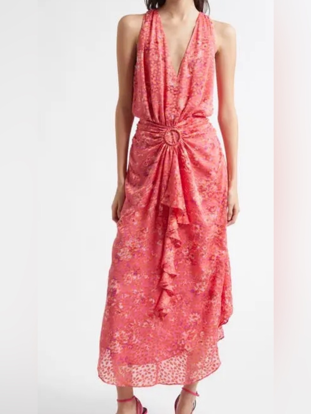 Ramy Brook Athena Floral Gathered-Front Sleeveless Midi-Dress Sz XL